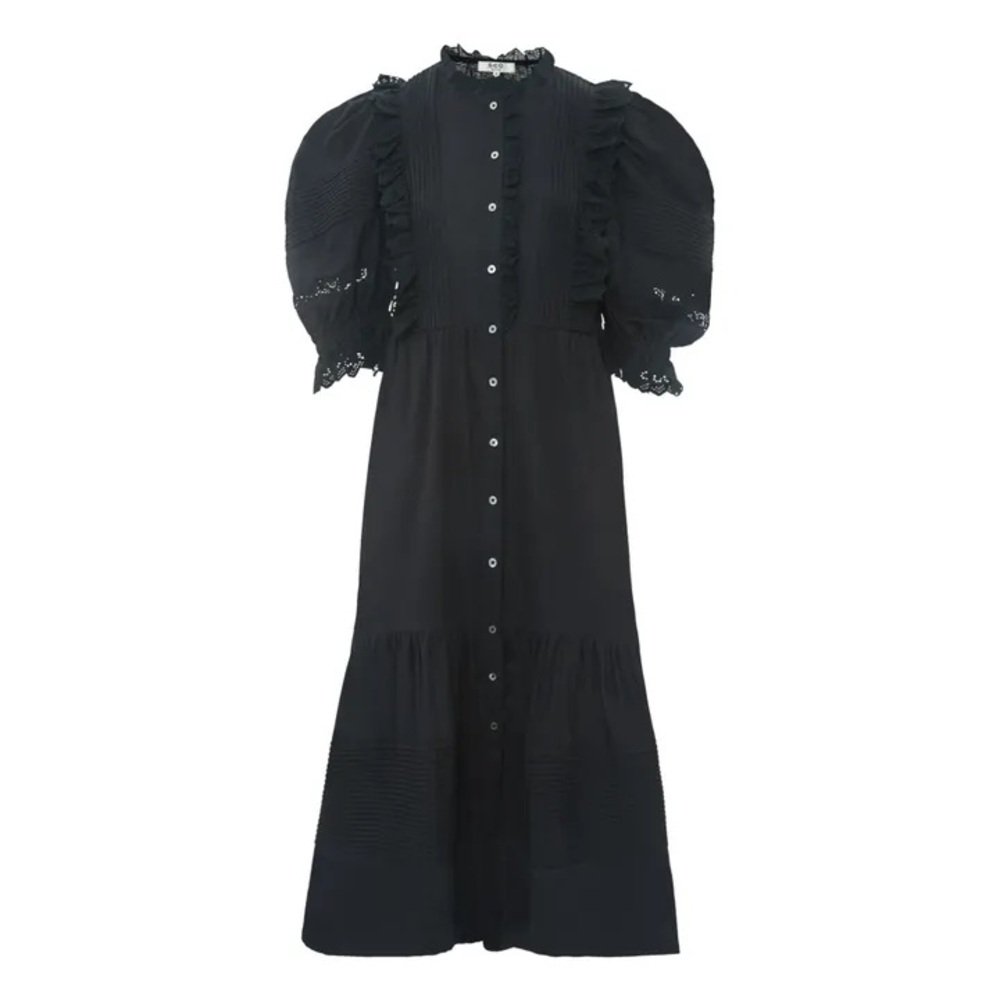 Sea New York Kiara Puff sleeve pintucked midi dress black XS